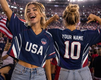 Custom USA Soccer Crop Top Jersey, Personalized American Football Crop Tee for Women, USA Futbol Shirt with Name Number