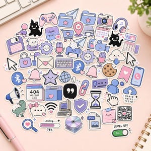 May include: A collection of assorted die-cut stickers featuring pastel purple and pink digital icons, including a computer, floppy disk, game controller, camera, pixelated cat, loading bar, QR code, and various tech-themed symbols on a light background.