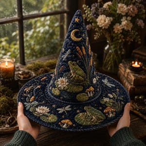 May include: A dark blue quilted pointed hat featuring embroidered details of green frogs, white water lilies, brown mushrooms, dragonflies, cattails, a golden crescent moon, and small stars across the conical crown and wide brim.