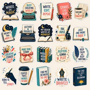 May include: A collection of twenty die-cut stickers featuring various literary and writing-themed illustrations, including typewriters, open books, coffee cups, pens, and inspirational text such as Words Are Magic, Caffeine & Characters, and Write Bravely.