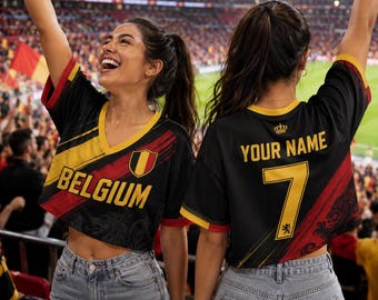 Custom Belgium Soccer Crop Top Jersey, Personalized Belgium Football Crop Tee for Women, Belgian Futbol Shirt with Name Number