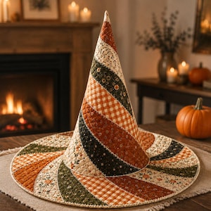 May include: A quilted witch hat featuring a spiral pattern of fabric strips in orange, dark green, and cream. The design includes alternating sections of small floral prints and orange gingham checks, all stitched together with a visible quilted texture.