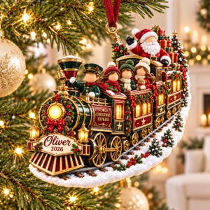Personalized Christmas Train Ornament, 2D Flat Santa Locomotive Decoration, Custom Name and Year Keepsake, Train Lover Gift
