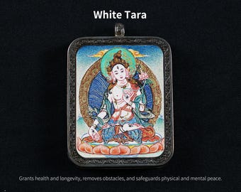 Handgeschilderde Tibetaans-boeddhistische mini thangka-hanger voor meditatie - heilige witte tara-amuletten