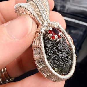 Moldavite Pendant - Authentic Czech Republic Tektite Jewelry, 925 Sterling Silver, Red Garnet Accent