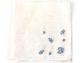 1950年代ヴィンテージ 白ハンカチ 青い刺繍の花柄