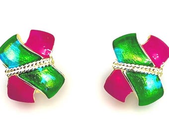 Vintage Mid Century Mod Clip On Earrings Gold Pink Green Cross