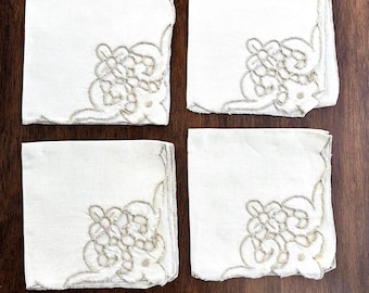 Set of 4 Vintage White Floral Handkerchiefs Cotton Napkins