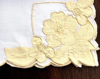 Pañuelo vintage para mujer, blanco y amarillo, bordado floral.