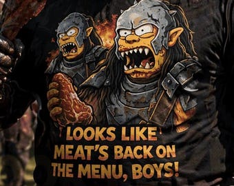 Maglietta con orco di Tolkien e barbecue di carne dei Simpson / Maglietta umoristica fantasy