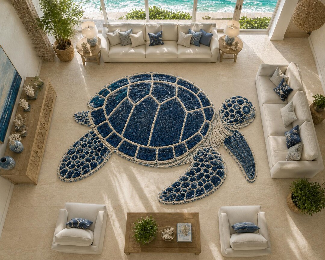 Sea Turtle Tufted Rug, Handmade Ocean Animal Rug, Coastal Blue Turtle ...