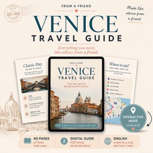 Op de afbeelding: Een digitale reisgids voor Venetië in PDF-formaat met een tablet die een kanaalzicht toont, twee zijpagina's met een klassieke dagplanning en eetgelegenheden, interactieve kaartpictogrammen en 40 pagina's met lokale reistips.
