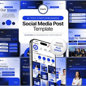 Puede incluir: Una plantilla de publicación en redes sociales para startups y empresas de tecnología de IA. La plantilla incluye 24 publicaciones de Instagram editables con un esquema de color azul y blanco. La imagen incluye un teléfono inteligente que muestra un perfil de redes sociales.