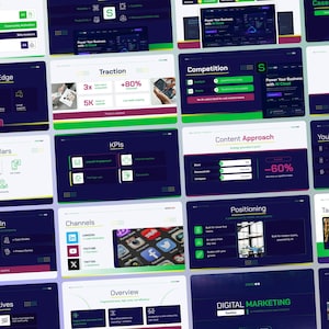 May include: A collection of digital marketing presentation slides with a dark blue background. The slides cover topics like action plans, KPIs, content approach, and channels. Each slide features white and green text with various icons and charts.