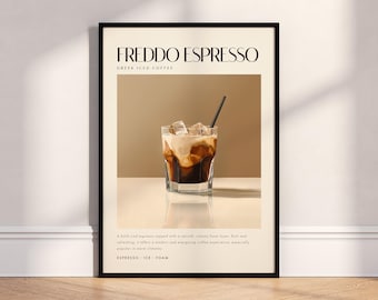 Freddo Espresso Art Poster Print, Greek Iced Coffee, Minimal Kitchen Wall Art