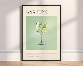 Gin And Tonic Print Poster, Botanical Drink Art, Modern Kitchen Wall Decor