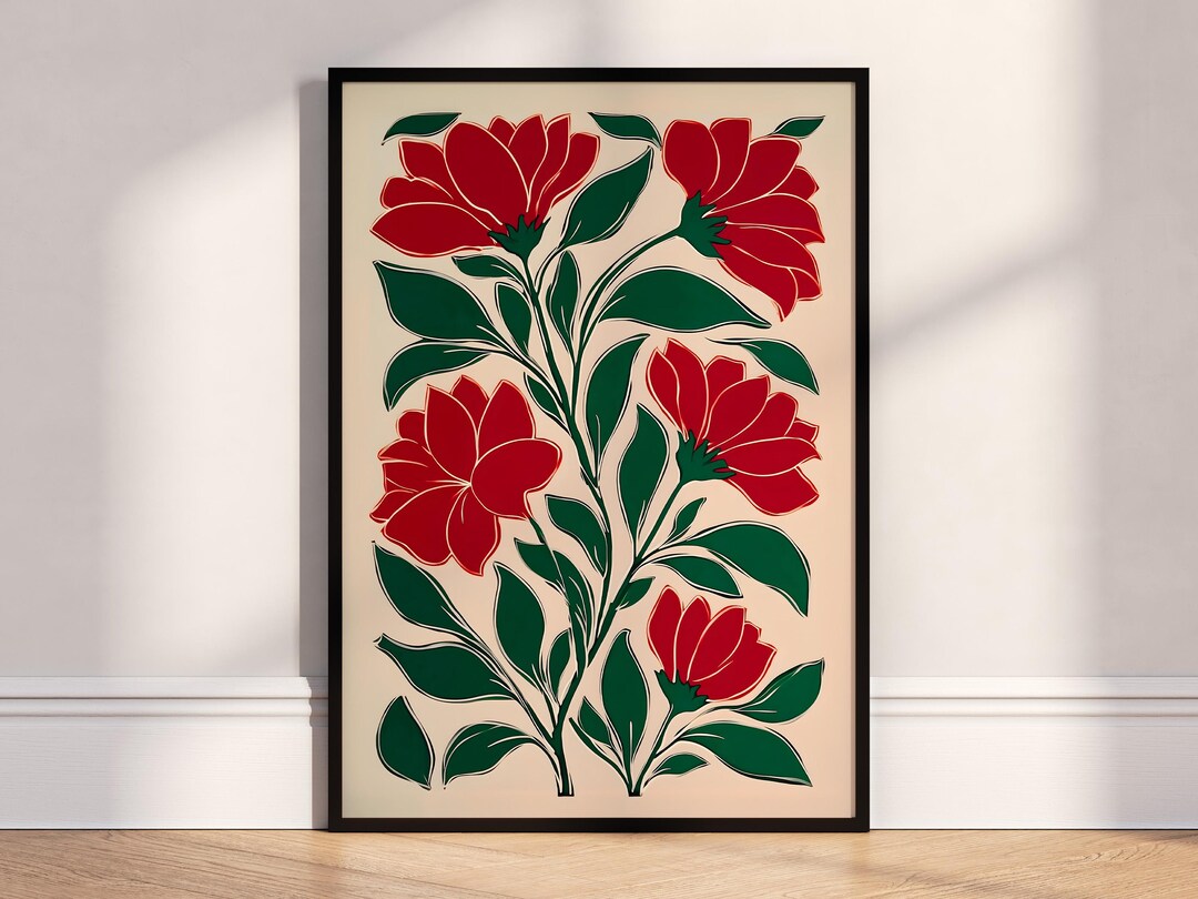 Red Floral Print Poster, Modern Flower Wall Art, Botanical Illustration ...