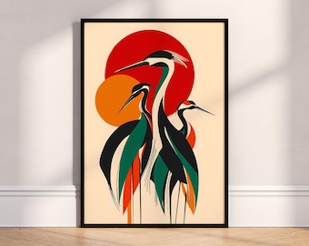 Japanese Crane Print Poster, Minimalist Cranes, Contemporary Japandi Wall Art
