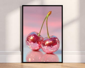Disco Cherries Print, Pink Retro Wall Art, Shimmering Tile Cherries Poster