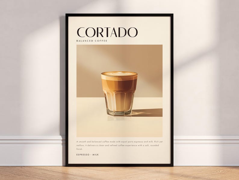 Cortado Coffee Art Poster Print, Minimalist Barista Wall Art, Modern Kitchen Decor image 1