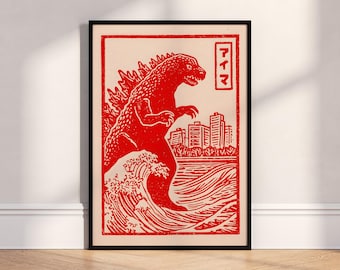 Póster japonés de Godzilla, arte mural de monstruos, ilustración retro de ciudad.