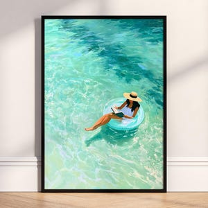 Woman Floating Pool Poster Print, Summer Relaxation Wall Art, Contemporary Style