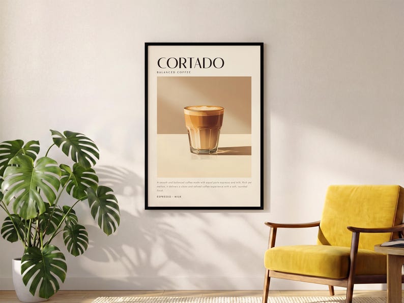 Cortado Coffee Art Poster Print, Minimalist Barista Wall Art, Modern Kitchen Decor image 2