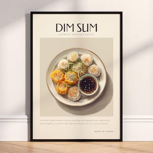 May include: A framed print featuring a plate of dim sum with a dipping sauce. The print has the words "DIM SUM" at the top, with the text "CHINESE DINING CLASSIC" below. The bottom of the print reads "MADE IN CHINA".