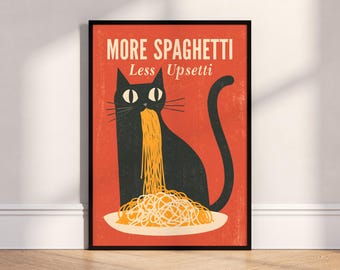 Cat Spaghetti Print Poster, Cat Wall Art, Retro Kitchen Decor Illustration