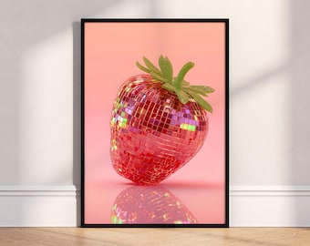 Strawberry Disco Print Poster, Modern Fruit Wall Art, Pink Pop Art Decor