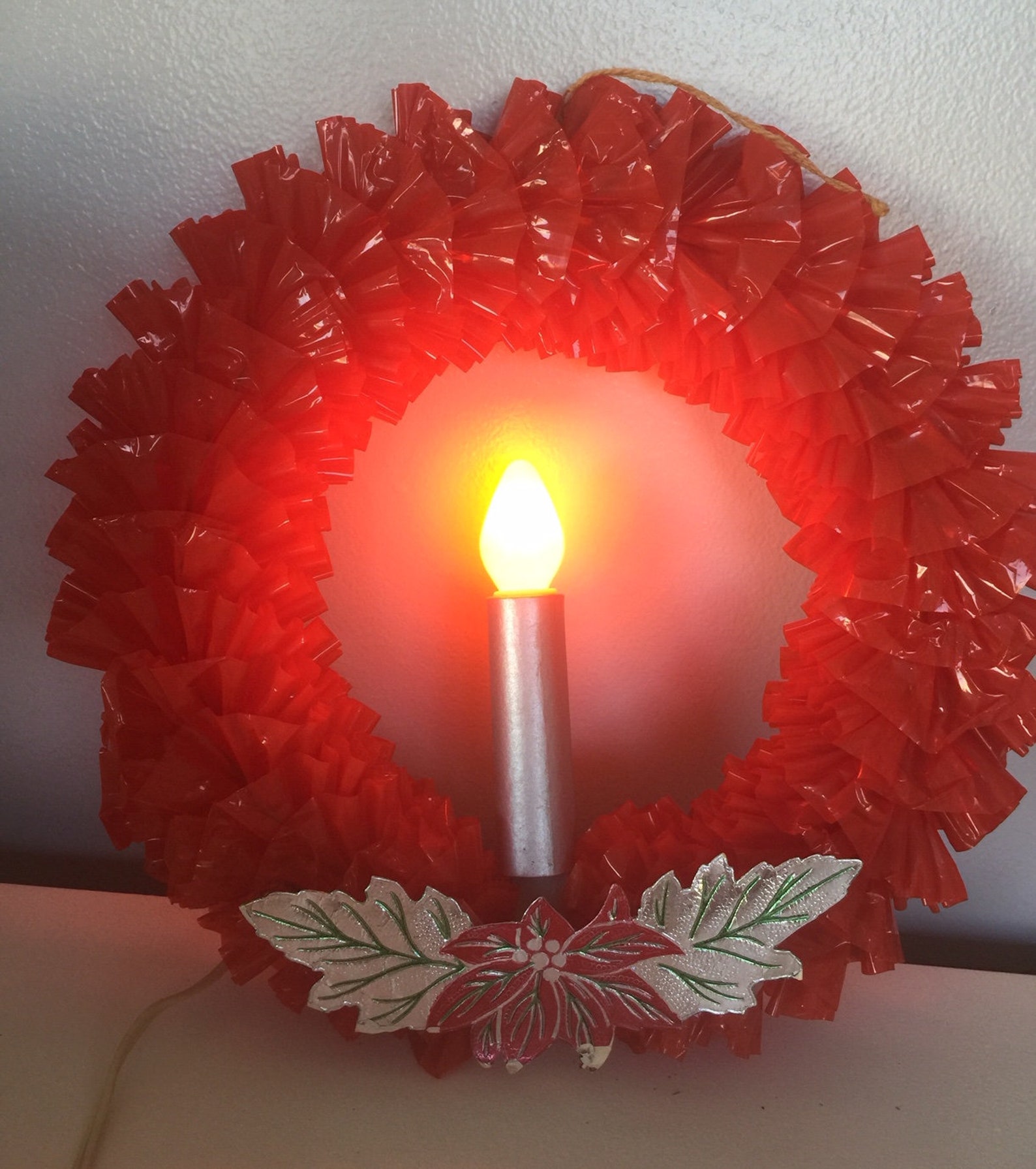 Vintage Red Cellophane Christmas Wreath with Electric Light Up Etsy