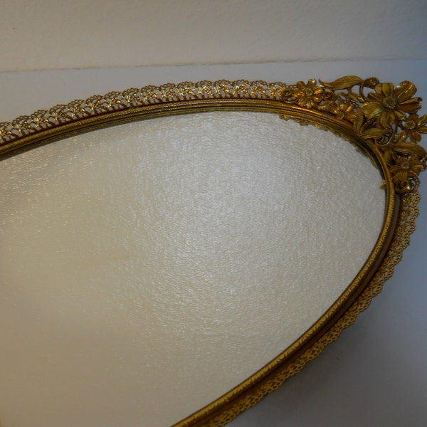 Vintage Vanity Mirror Tray with Filigree Ormolu Frame