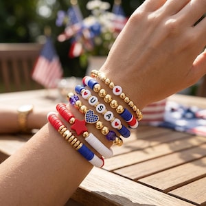 USA Heishi Beaded Bracelet Stack: Red, White, Blue, Gold Accents, Unisex Set