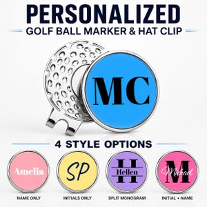 May include: Personalised golf ball marker and hat clip. The marker has a blue face with the initials "MC" in black. Four style options are shown, including name only, initials only, split monogram, and initial plus name.