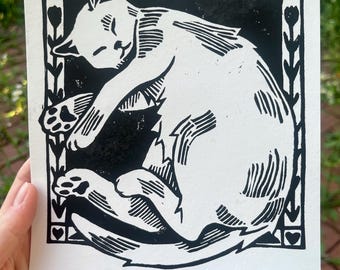 Grabado en linóleo de gato blanco / Ilustración de gato, 6x7, Grabado, Regalo para amantes de los gatos