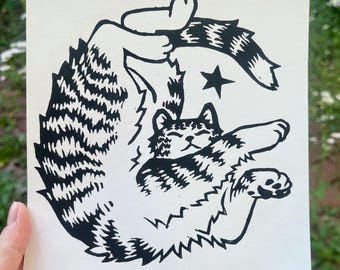 Grabado en linóleo de gato atigrado / Ilustración de gato, 6x7, Grabado, Regalo para amantes de los gatos
