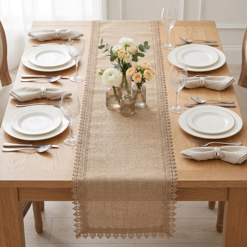 Beige Table Runner, Neutral Farmhouse Decor, Woven Edge, Minimalist ...