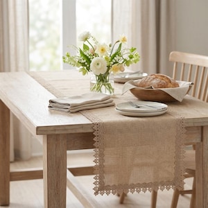 Runner da tavola beige, decorazione neutra per tavolo in stile rustico, runner con bordo intrecciato, tavolo da pranzo minimalista