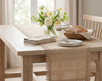 Beige Table Runner,  Neutral Farmhouse Table Decor, Woven Edge Runner, , Minimalist Dining Table