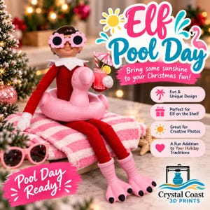 May include: A posable elf doll wearing flower-shaped sunglasses, sitting in a pink flamingo pool float on a pink and white striped towel. The elf holds a small pink drink with a tiny umbrella. Text includes "Elf Pool Day" and "Pool Day Ready".