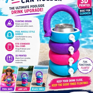 Soporte flotante para latas de piscina impreso en 3D – Funda para bebidas con mango de flotador – Nevera retro de verano