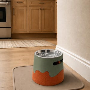 Pode incluir: Uma tigela para animais com inserção de aço inoxidável, apresentando uma seção superior verde sálvia e uma base texturizada em laranja queimado, sobre um tapete quadrado cor de taupe com um padrão de pequenas patas e ossos.