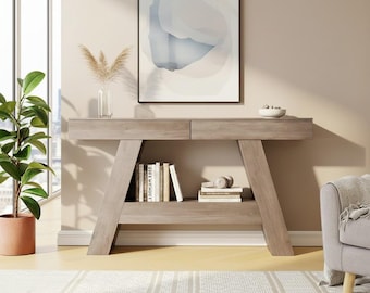 Narrow Walnut Entryway Table, Mid-Century Modern Console with Storage, Fluted Detailing