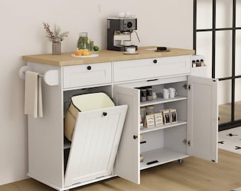 60-Inch Rolling Kitchen Island with Drop Leaf, Power Outlet, Trash Cabinet