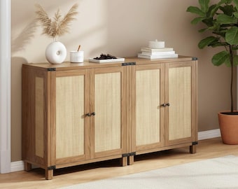 Rattan Style Credenza Sideboard Cabinet, 2 Soft-Close Doors, Adjustable Shelves