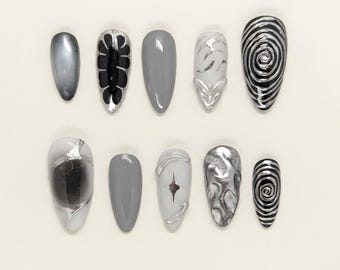 3D Silver Chrome Press On Nails | Cybercore Y2K Goth Fake Nails | Abstract Black and Grey Glue On Nails