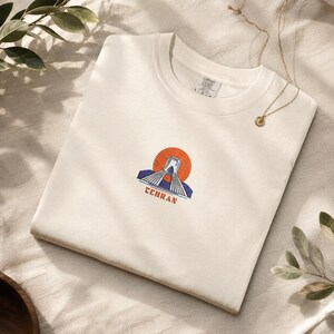 Embroidered Azadi Tower T-Shirt, Tehran Landmark Graphic Tee, Persian Heritage Apparel