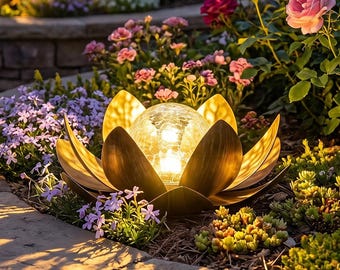 Luminária solar de jardim em formato de lótus, lâmpada de vidro craquelado, decoração zen para água, decoração artística para pátio e quintal, lanterna de lótus à prova d'água, presente exclusivo para ele.
