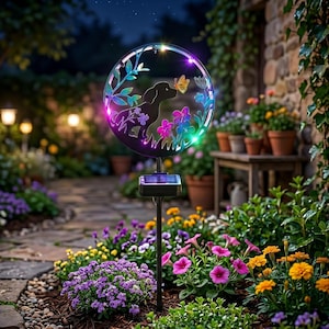 May include: A solar-powered garden stake featuring a black silhouette of a dog with a butterfly and floral accents within a circular frame. The frame is illuminated with colorful LED lights. The stake is set in a garden with flowers and a stone pathway.