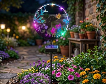 Cat & Dog Solar Stake Light,Colorful LED Round Garden Pathway Light,Waterproof Outdoor Yard Decor,Whimsical Patio Gift for Pet Lovers